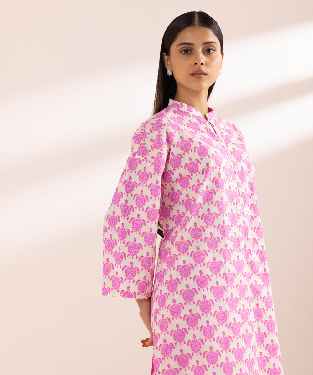 Women's Pret Cambric Pink Printed Straight Shirt