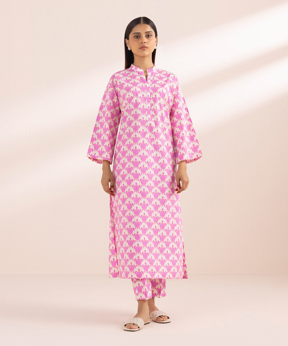Women's Pret Cambric Pink Printed Straight Shirt