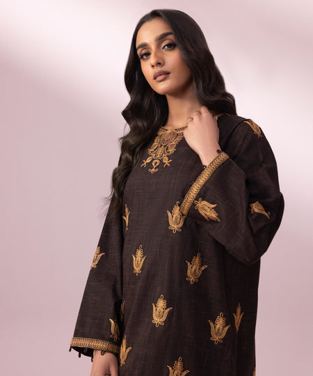 Women's Pret Cotton Embroidered Brown A-Line Shirt