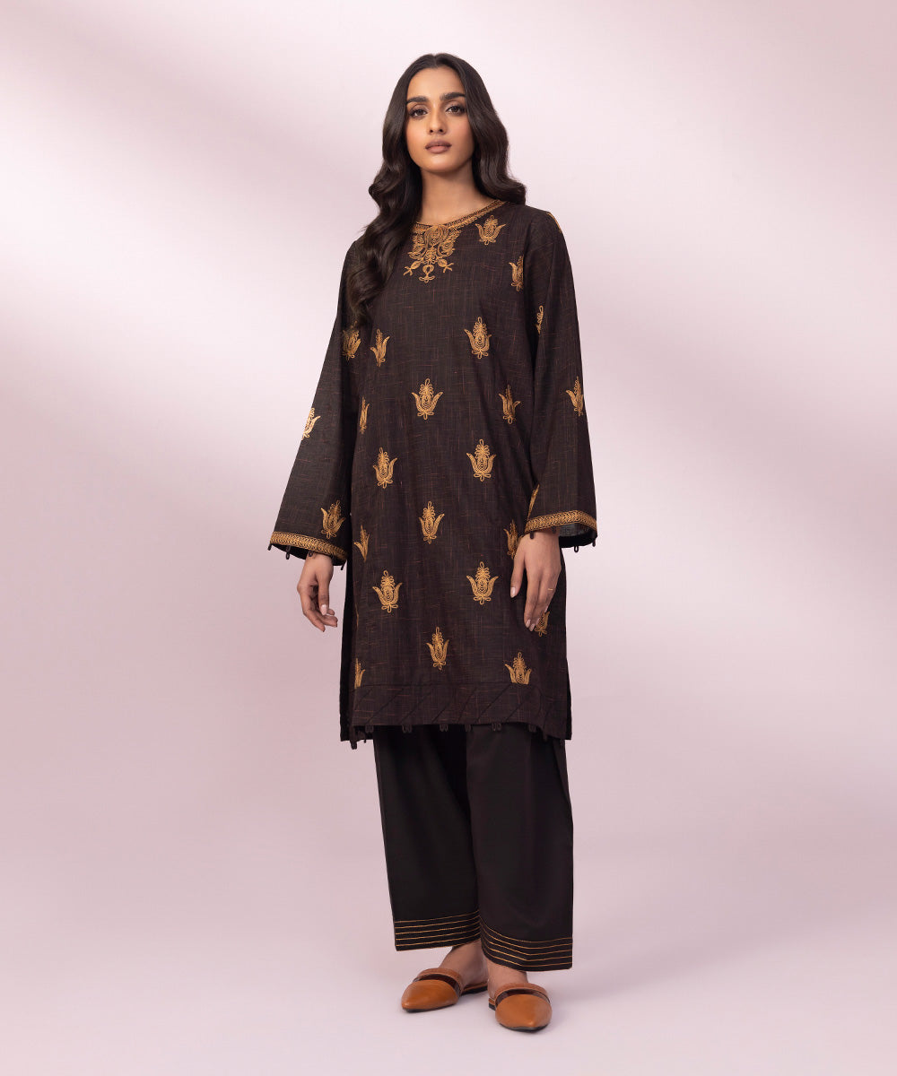 Women's Pret Cotton Embroidered Brown A-Line Shirt