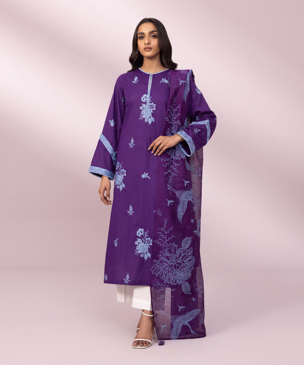 Women's Blended Net Printed Purple Dupatta