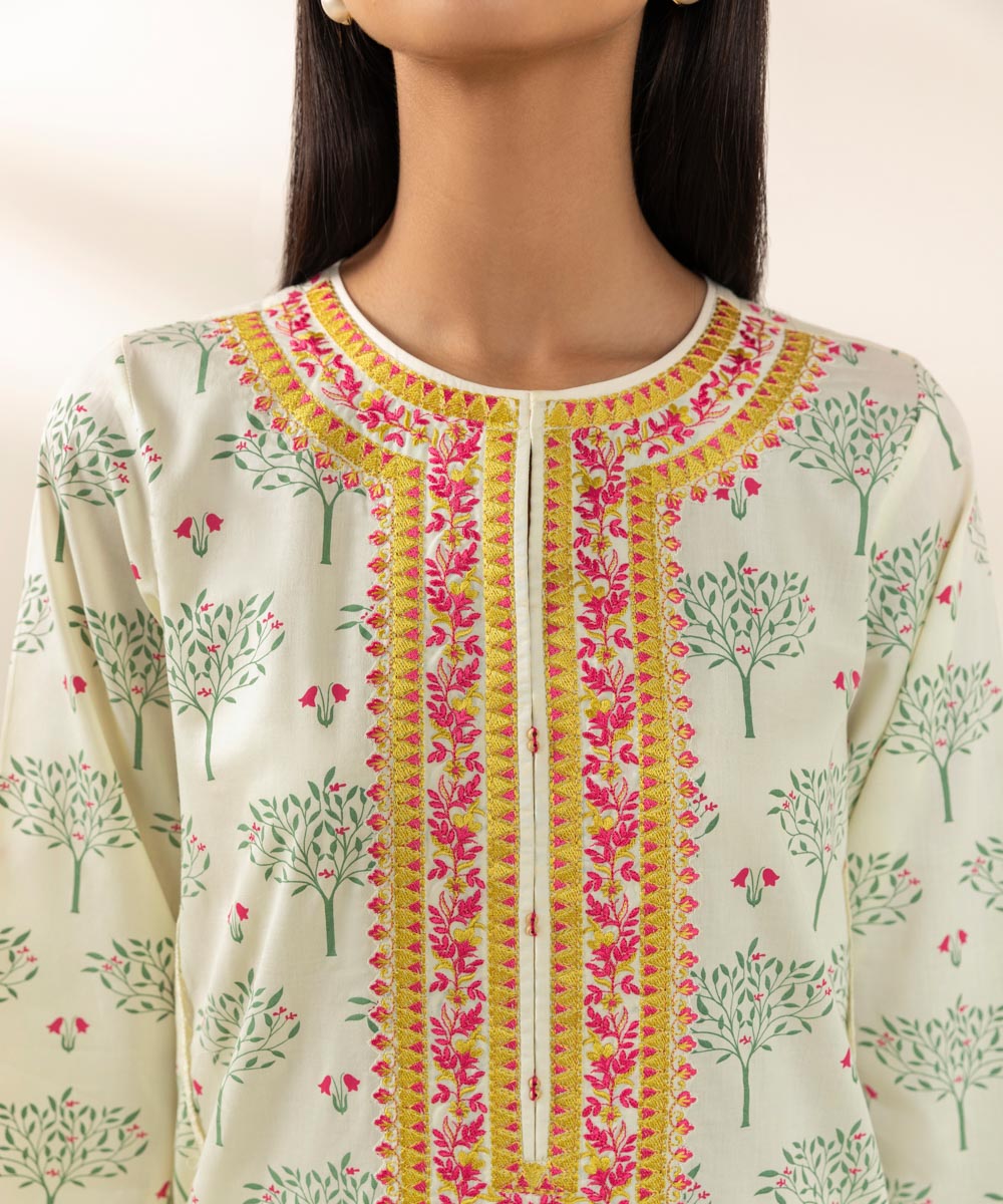 Women's Pret Cotton Satin Printed  Ivory A-Line Shirt