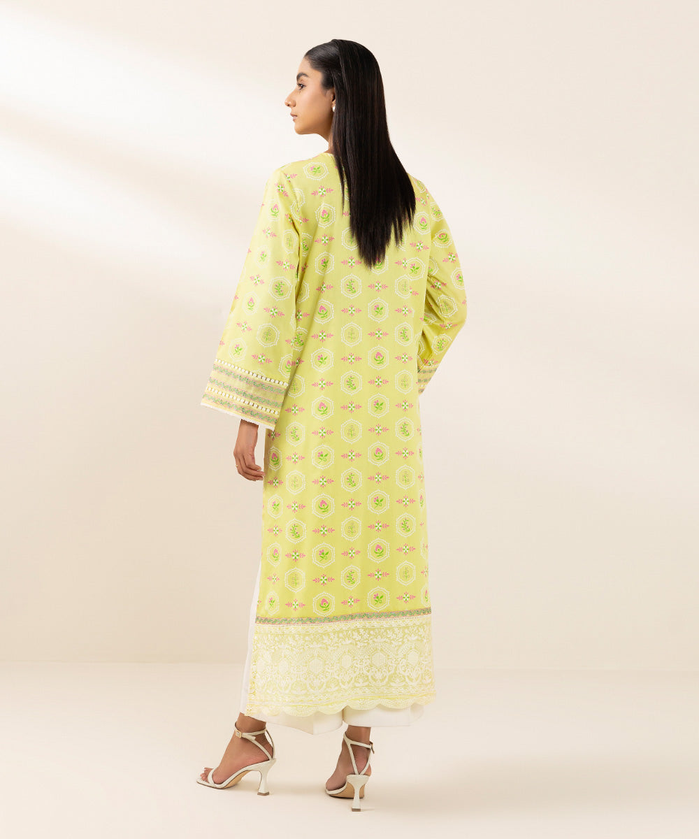 Women's Pret Cotton Satin Printed  Lemon Yellow A-Line Shirt