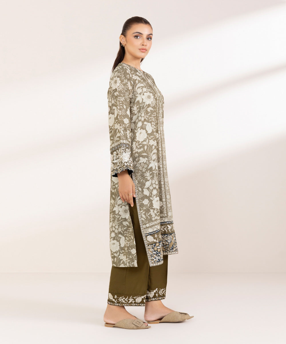 Women's Pret Karandi Embroidered Olive Green A-Line Shirt