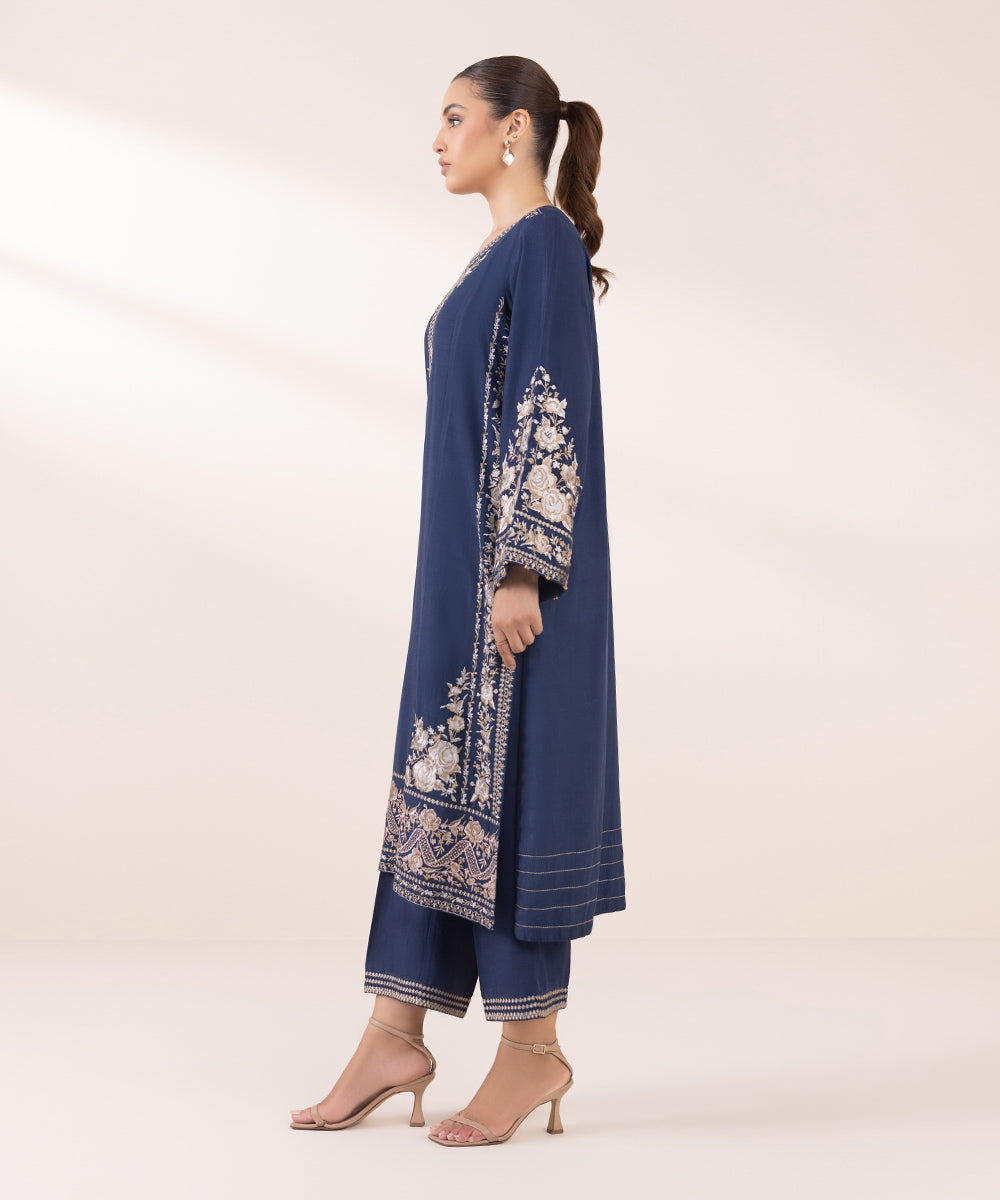 Women's Pret Karandi Blue Embroidered Straight Shirt