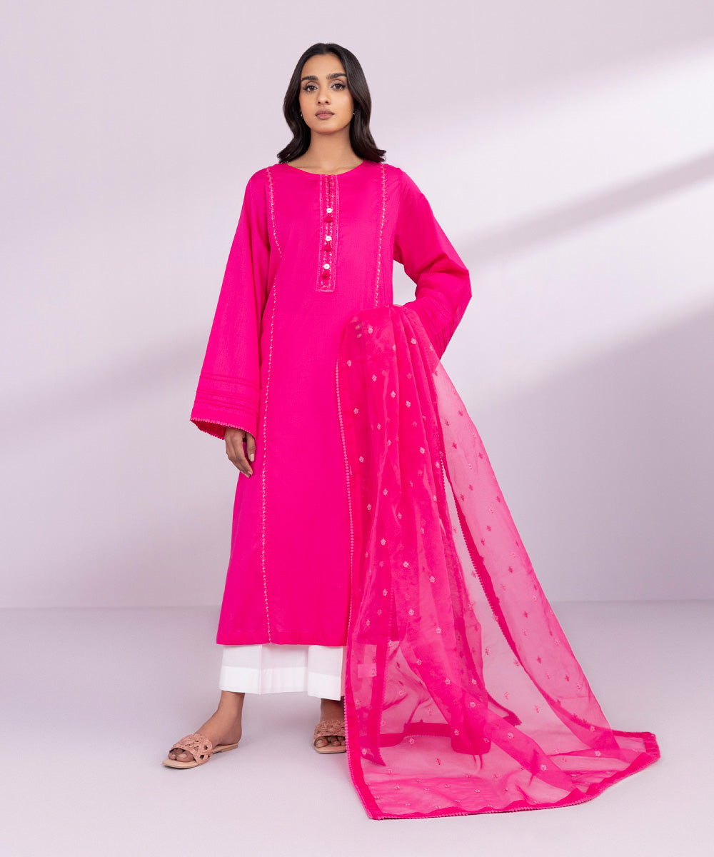 Blended Organza Pink Embroidered Dupatta