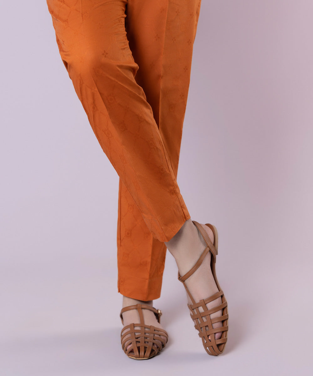 Women's Pret Cotton Jacquard Solid Orange Cigarette Pants