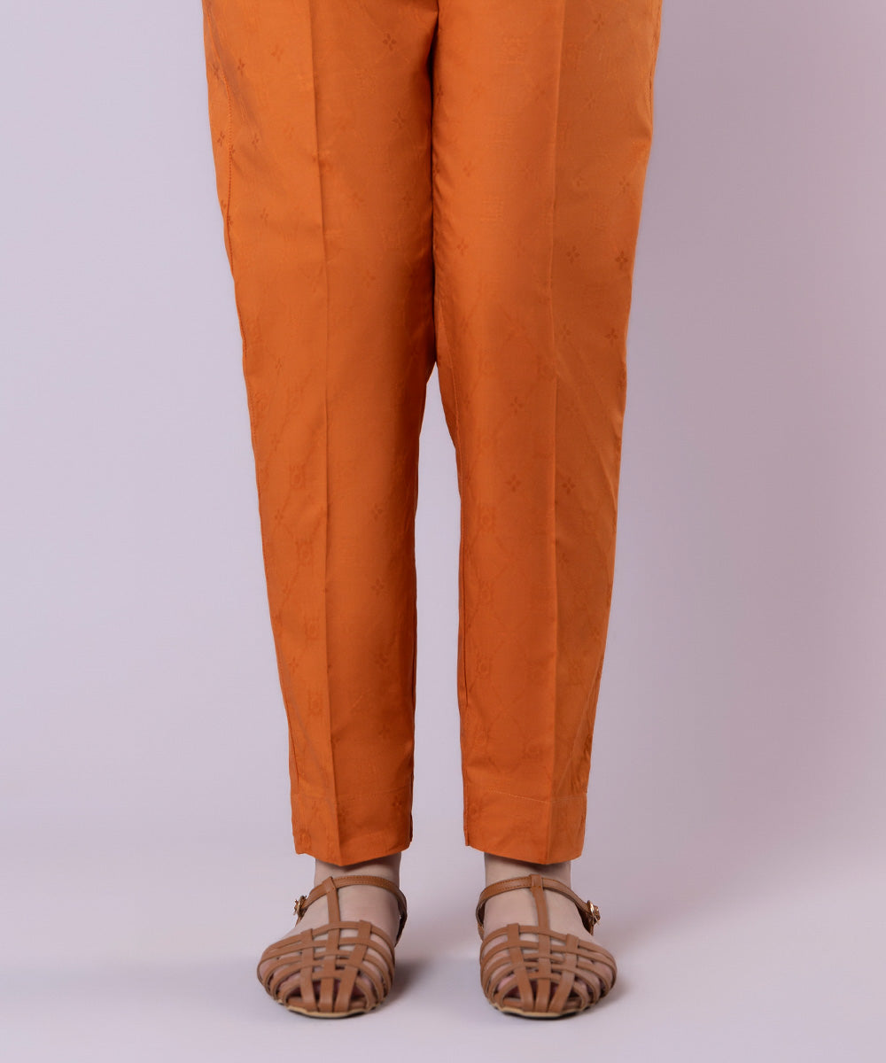 Women's Pret Cotton Jacquard Solid Orange Cigarette Pants