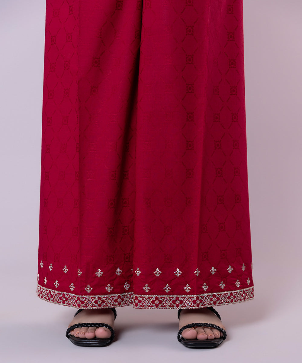 Women's Pret Cotton Jacquard Embroidered Red Culottes