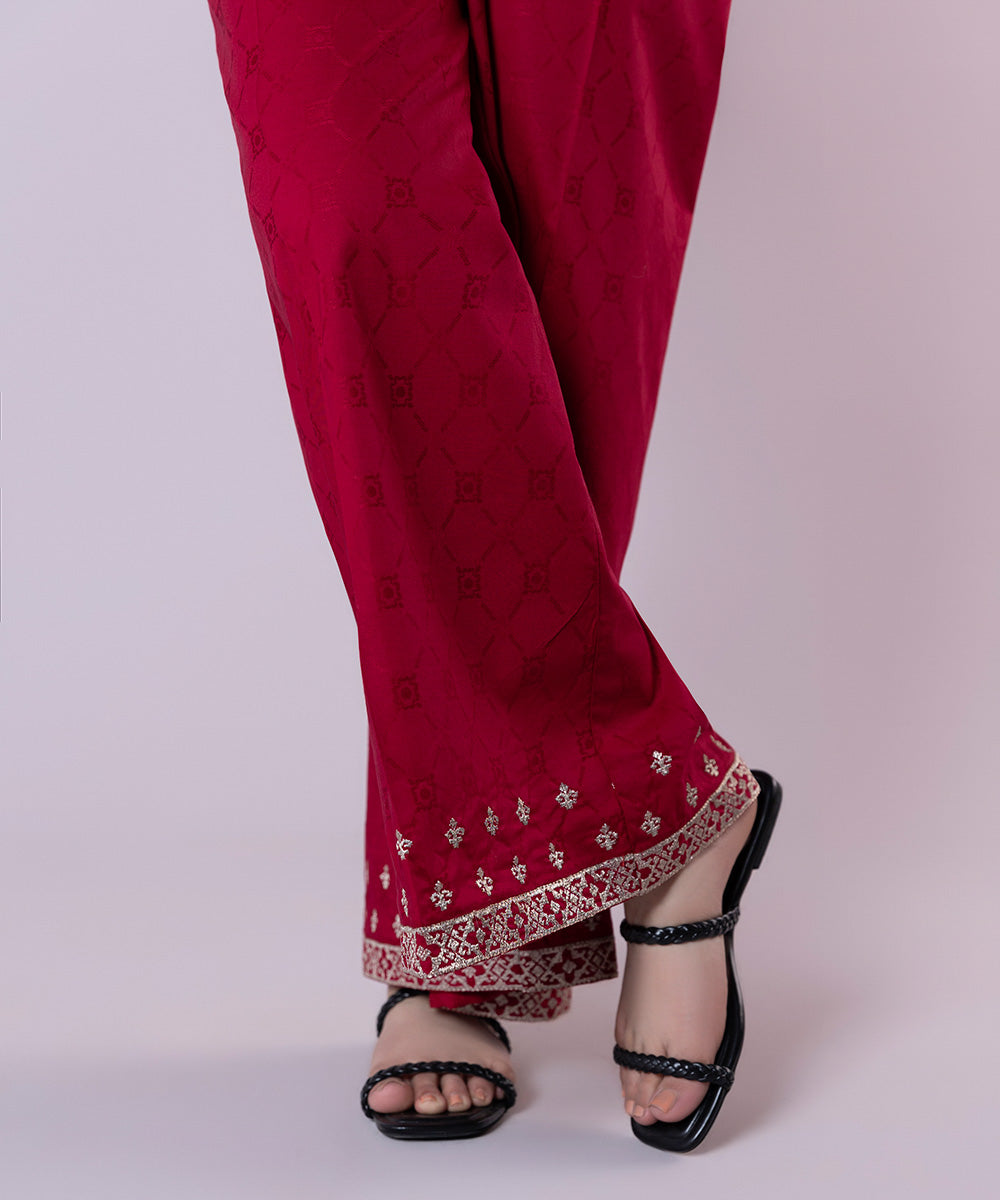 Women's Pret Cotton Jacquard Embroidered Red Culottes