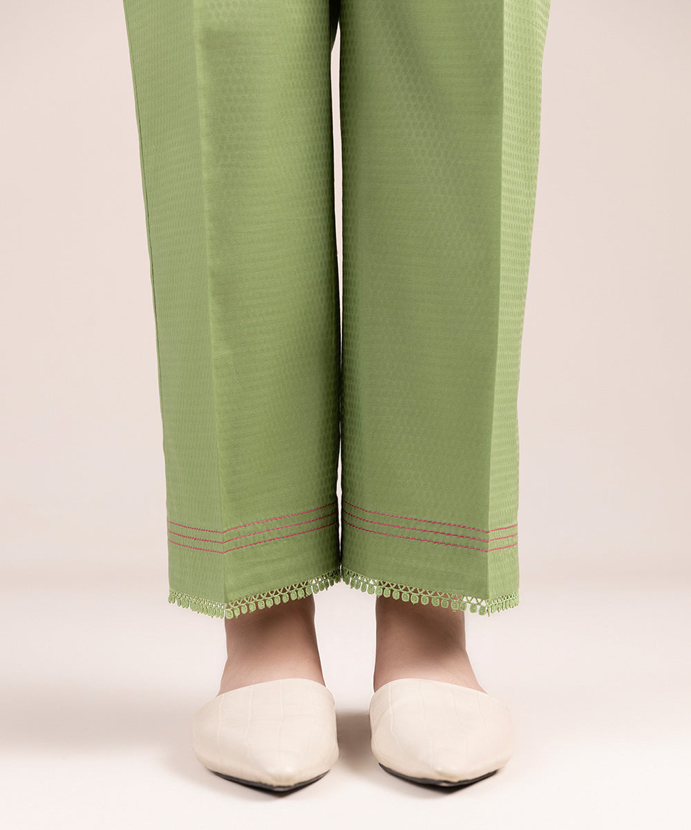 Women's Pret Dobby Solid Green Straight Pants