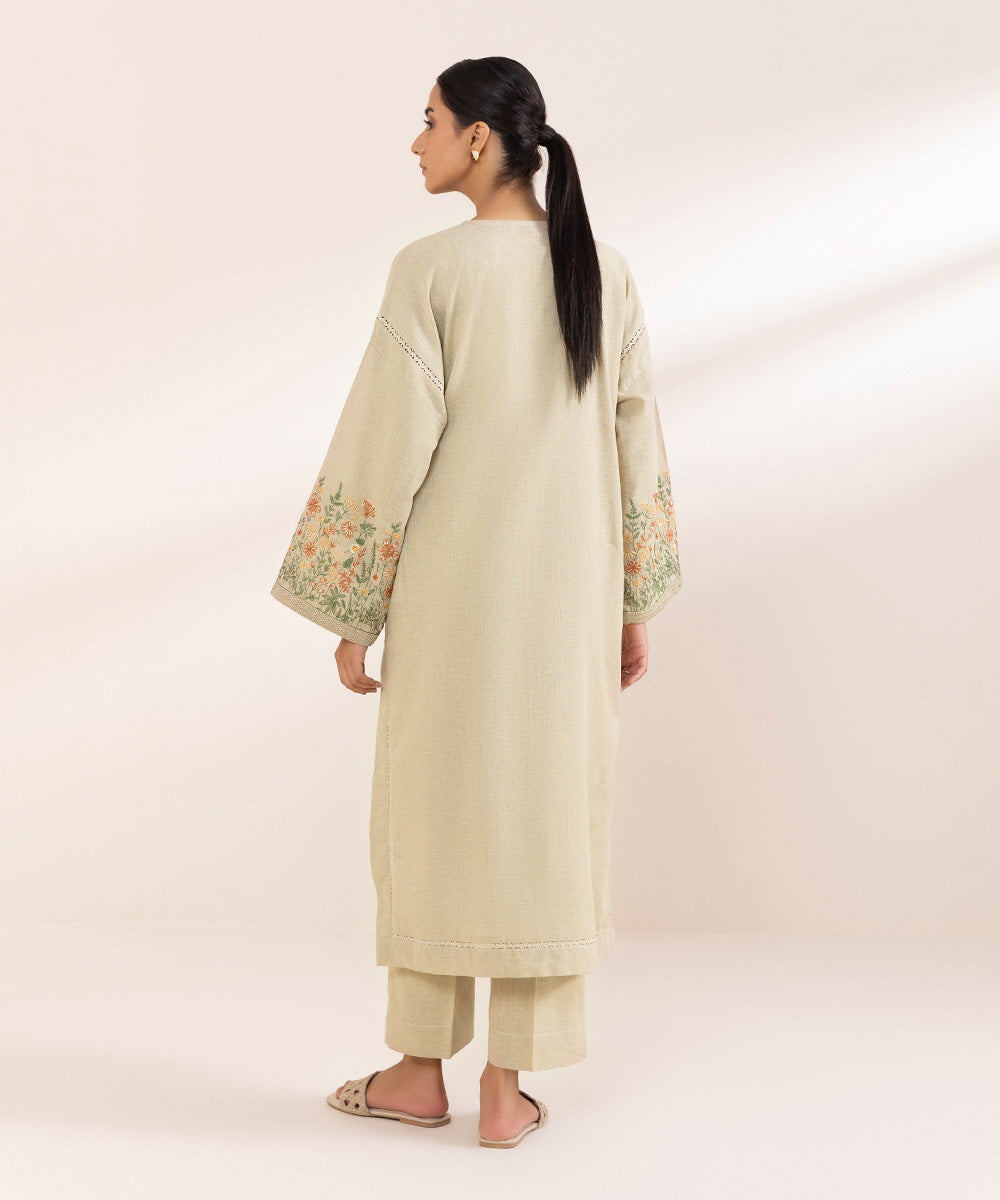 Women's Pret Cotton Linen Beige Embroidered A-Line Shirt