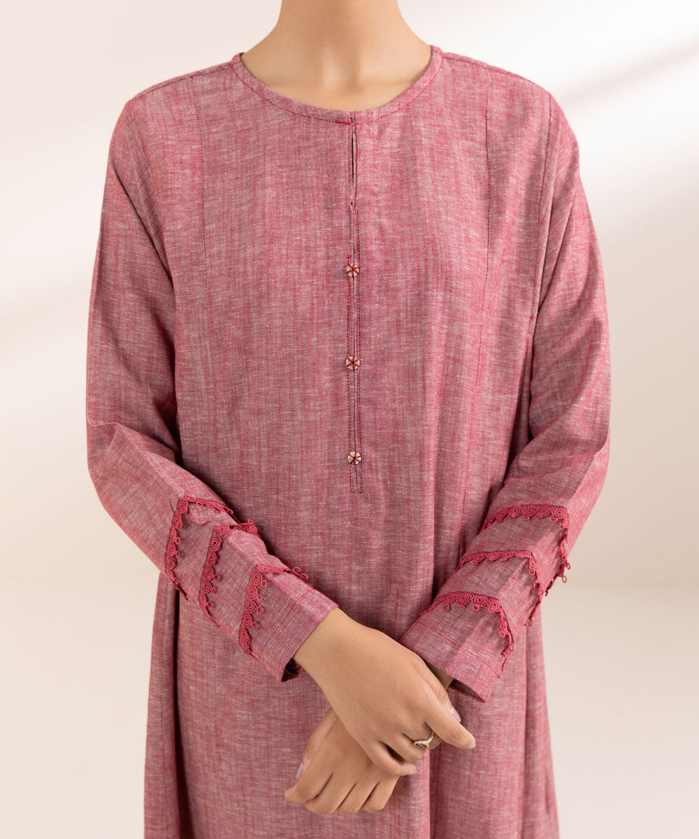 Women's Pret Cotton Linen Pink Solid A-Line Shirt