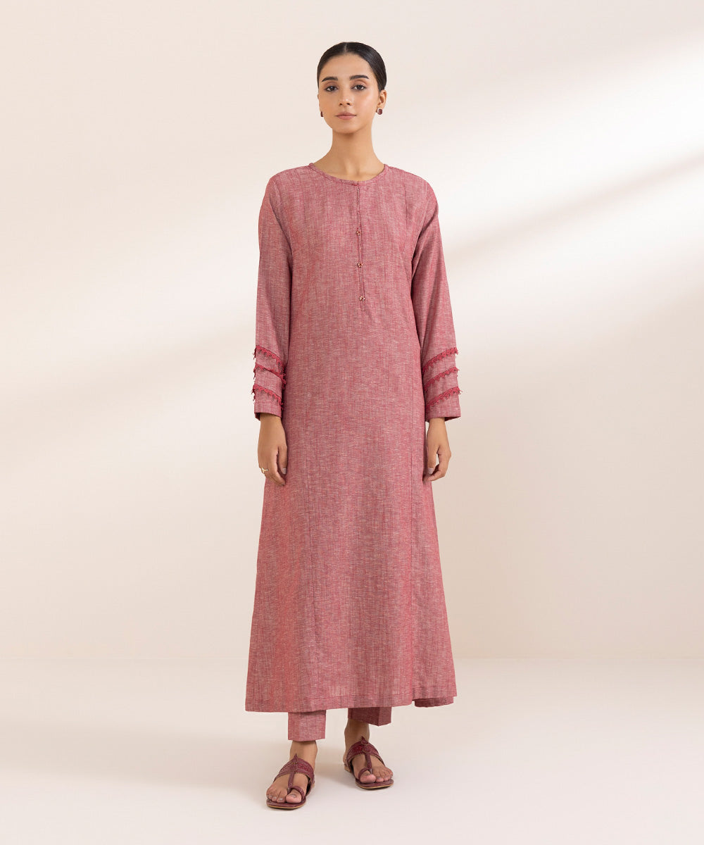 Women's Pret Cotton Linen Pink Solid A-Line Shirt