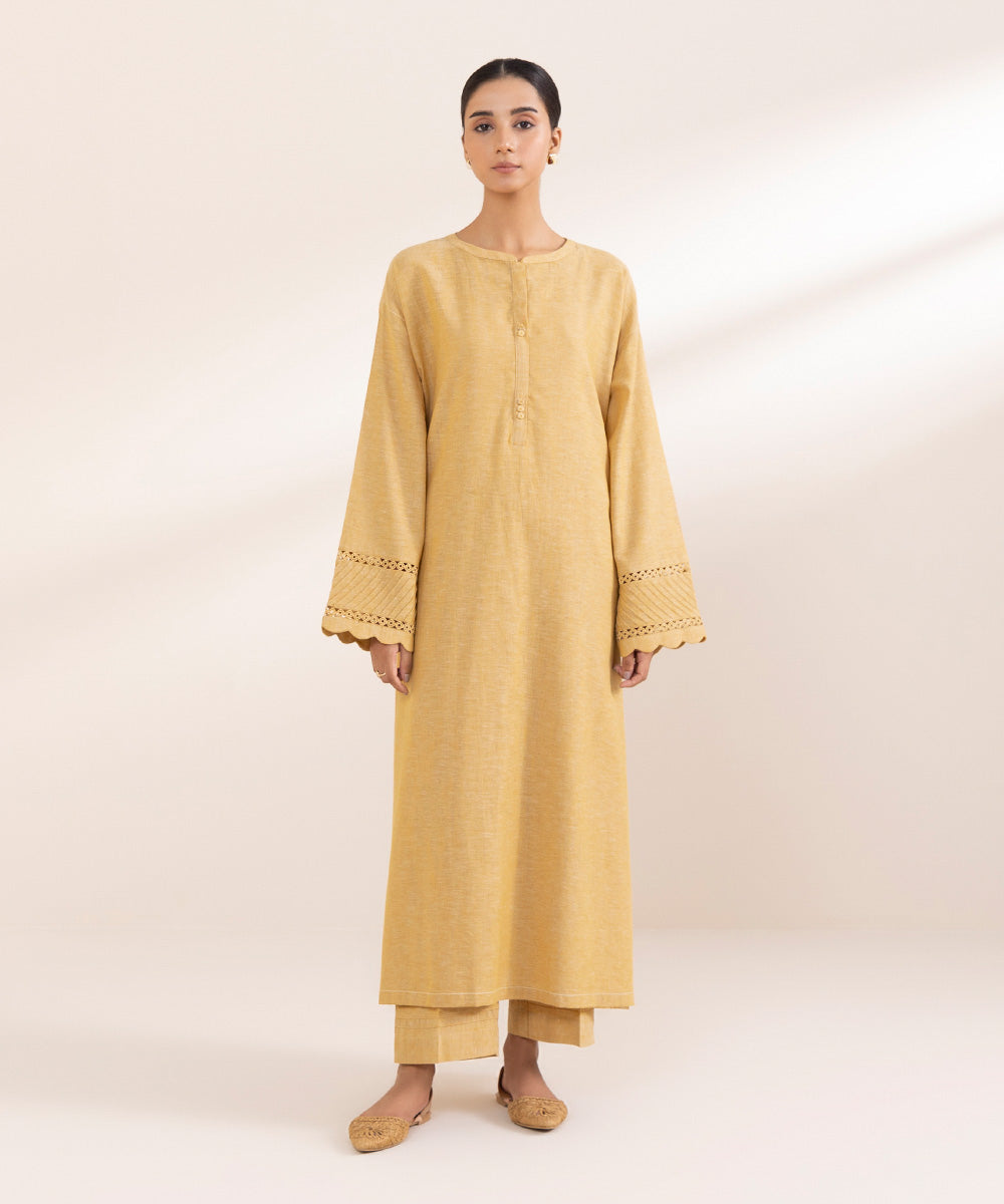 Women's Pret Cotton Linen Yellow Solid A-Line Shirt