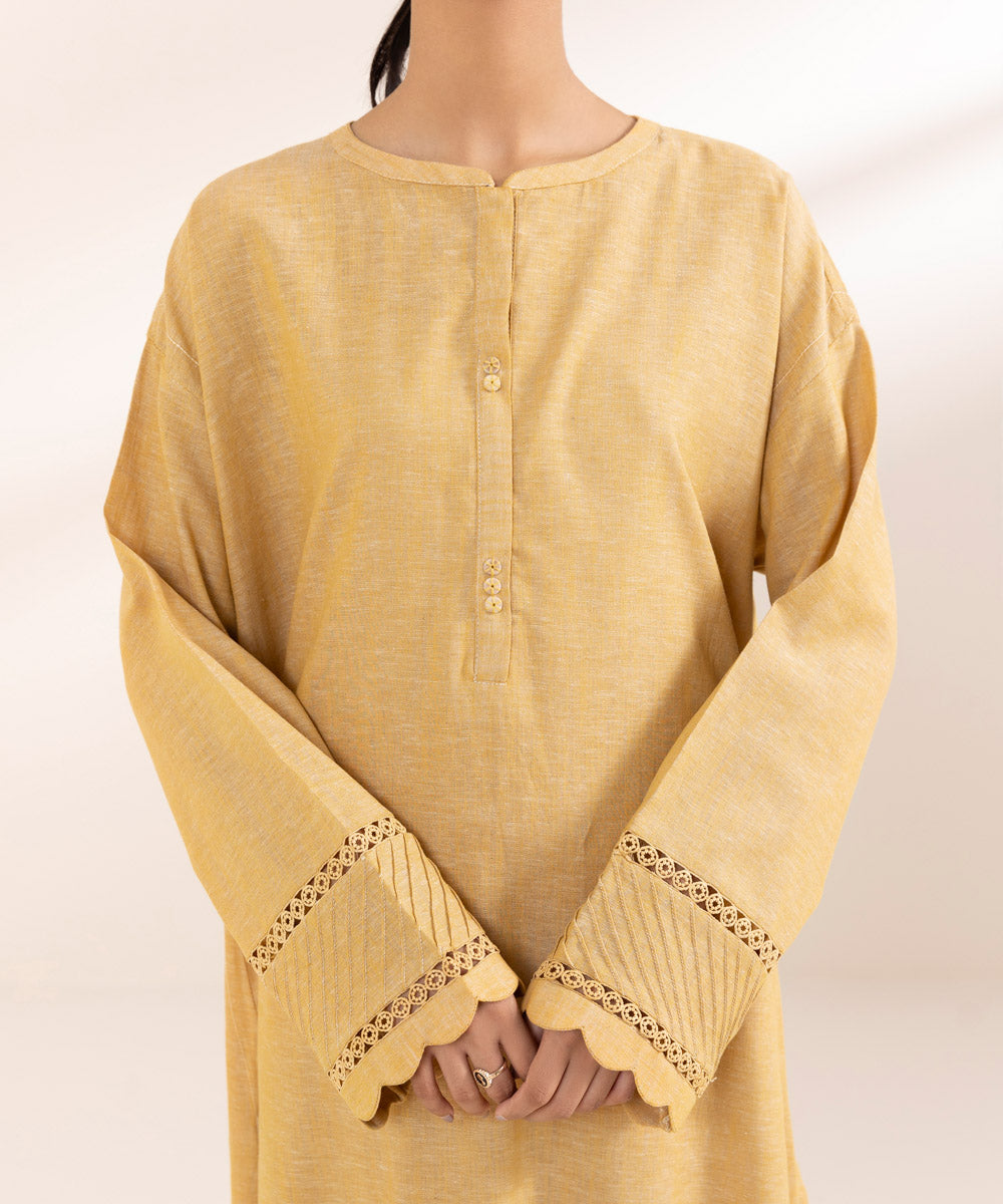 Women's Pret Cotton Linen Yellow Solid A-Line Shirt