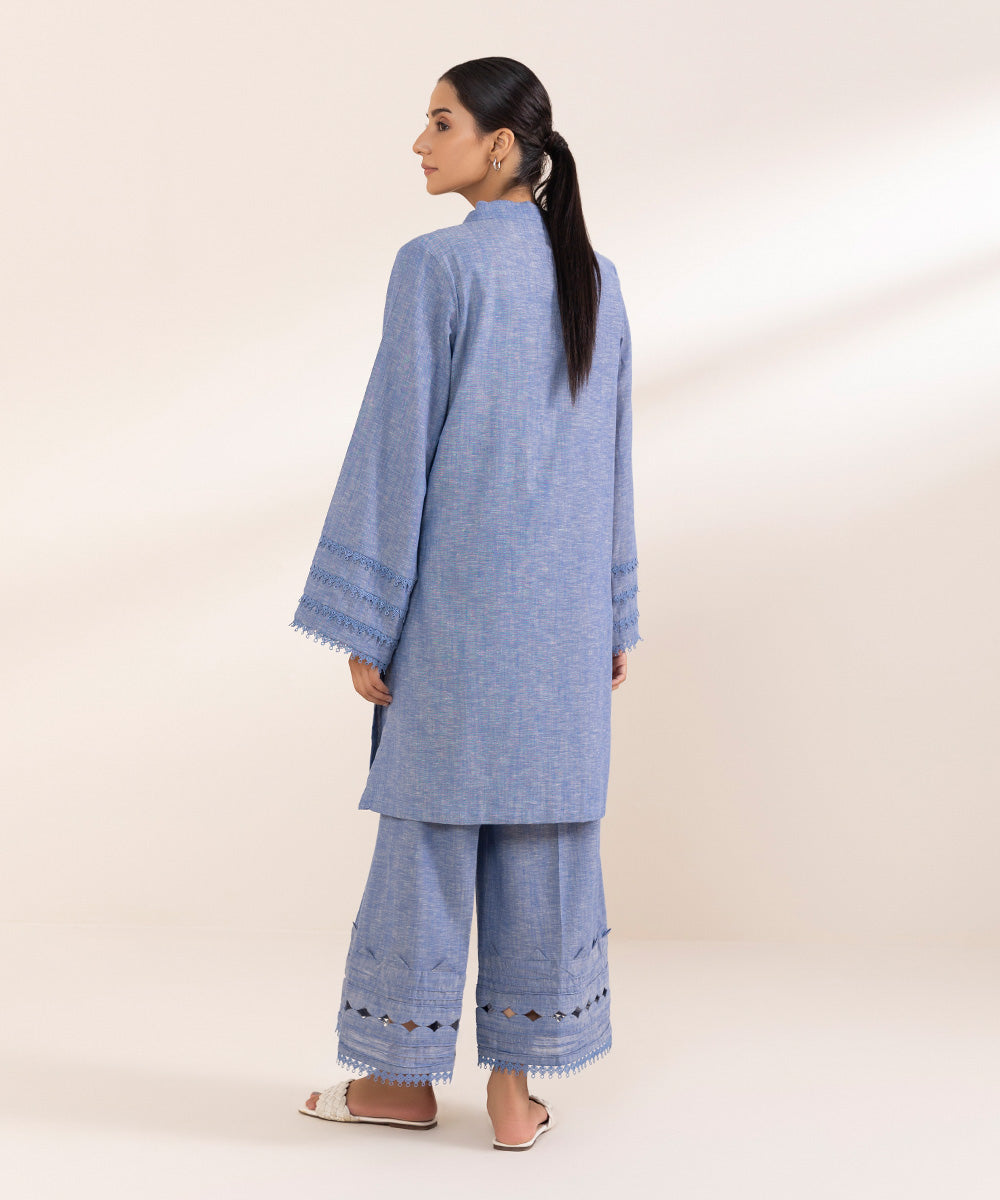 Women's Pret Cotton Linen Blue Solid A-Line Shirt