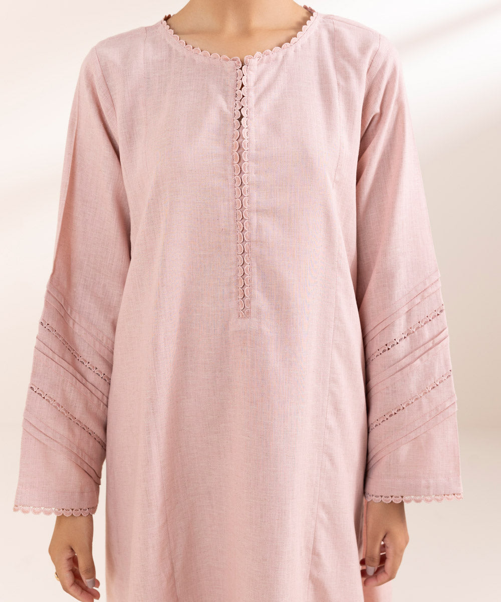 Women's Pret Cotton Linen Pink Solid A-Line Shirt