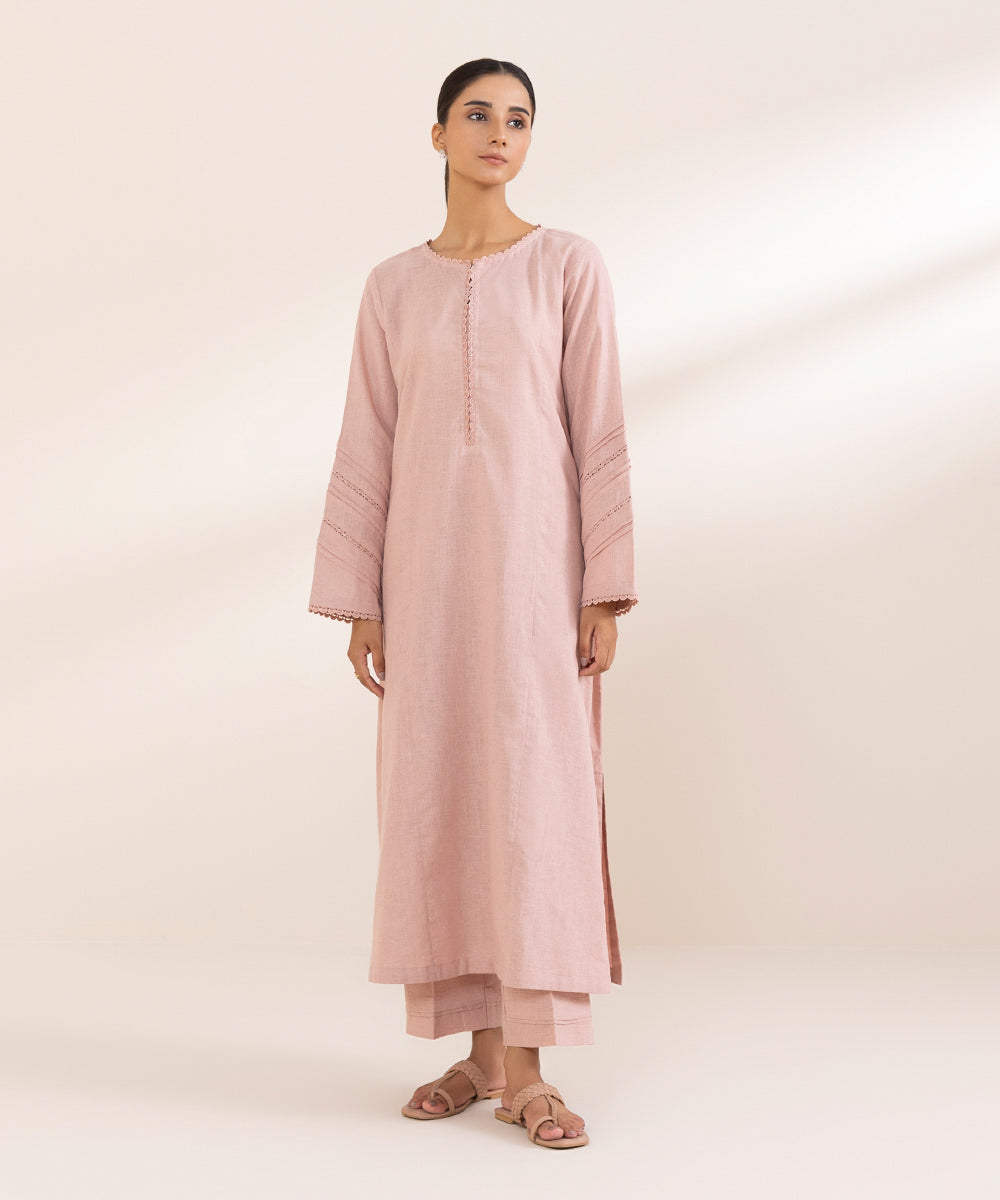 Women's Pret Cotton Linen Pink Solid A-Line Shirt