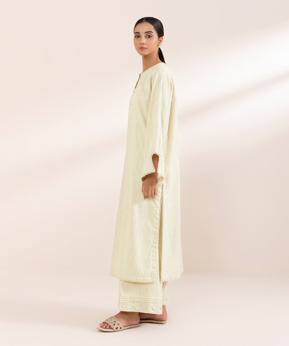 Women's Pret Cotton Linen Off White Solid A-Line Shirt