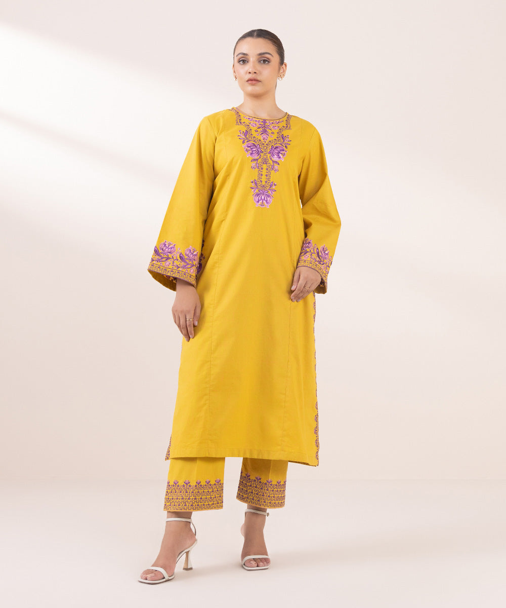 Women's Pret Textured Cotton Yellow Embroidered A-Line Shirt