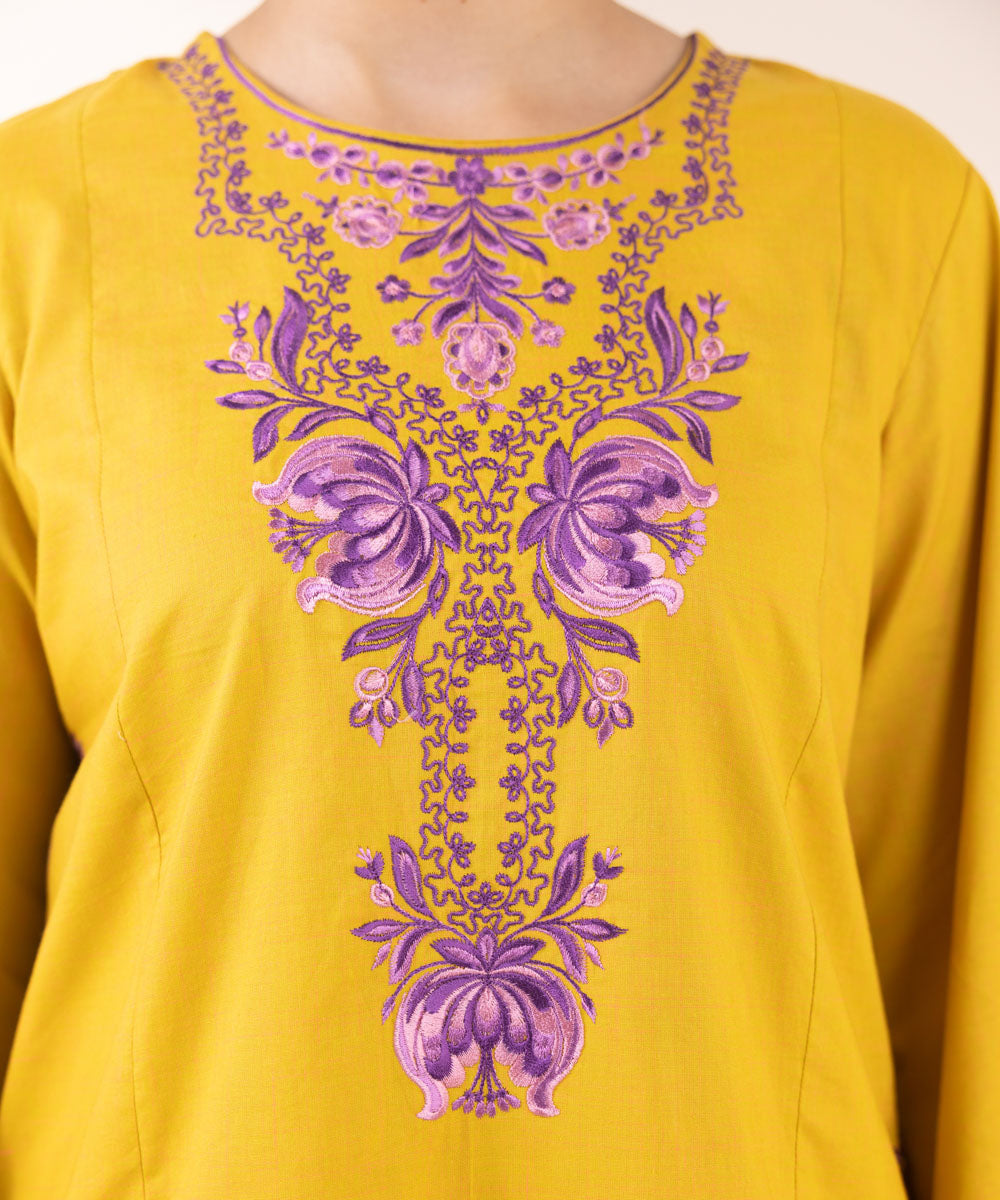 Women's Pret Textured Cotton Yellow Embroidered A-Line Shirt