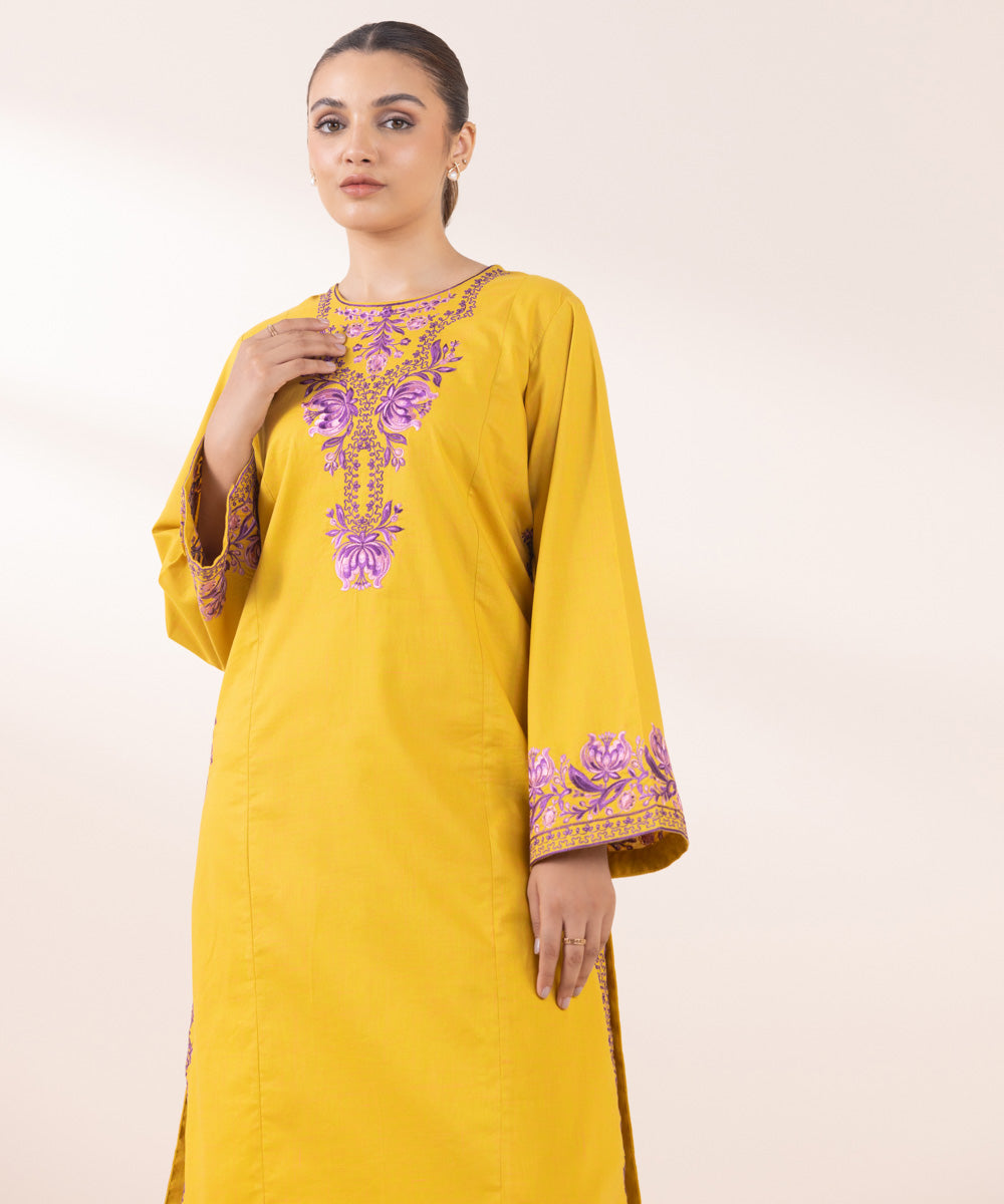 Women's Pret Textured Cotton Yellow Embroidered A-Line Shirt