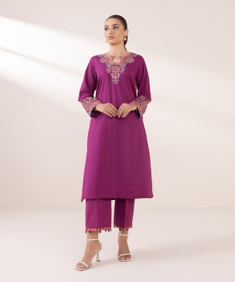 Women's Pret Textured Cotton Purple Embroidered A-Line Shirt