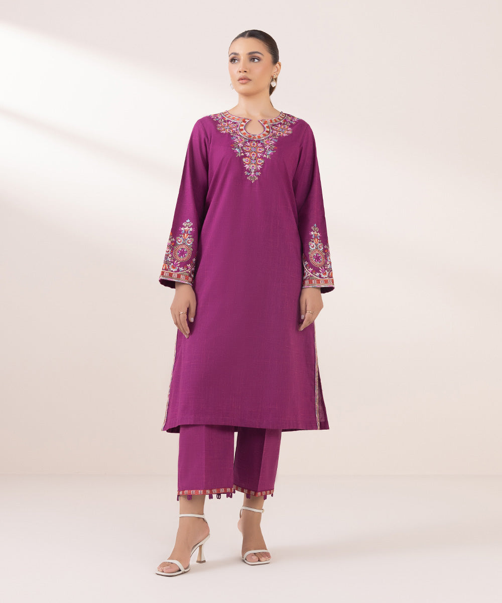 Women's Pret Textured Cotton Purple Embroidered A-Line Shirt