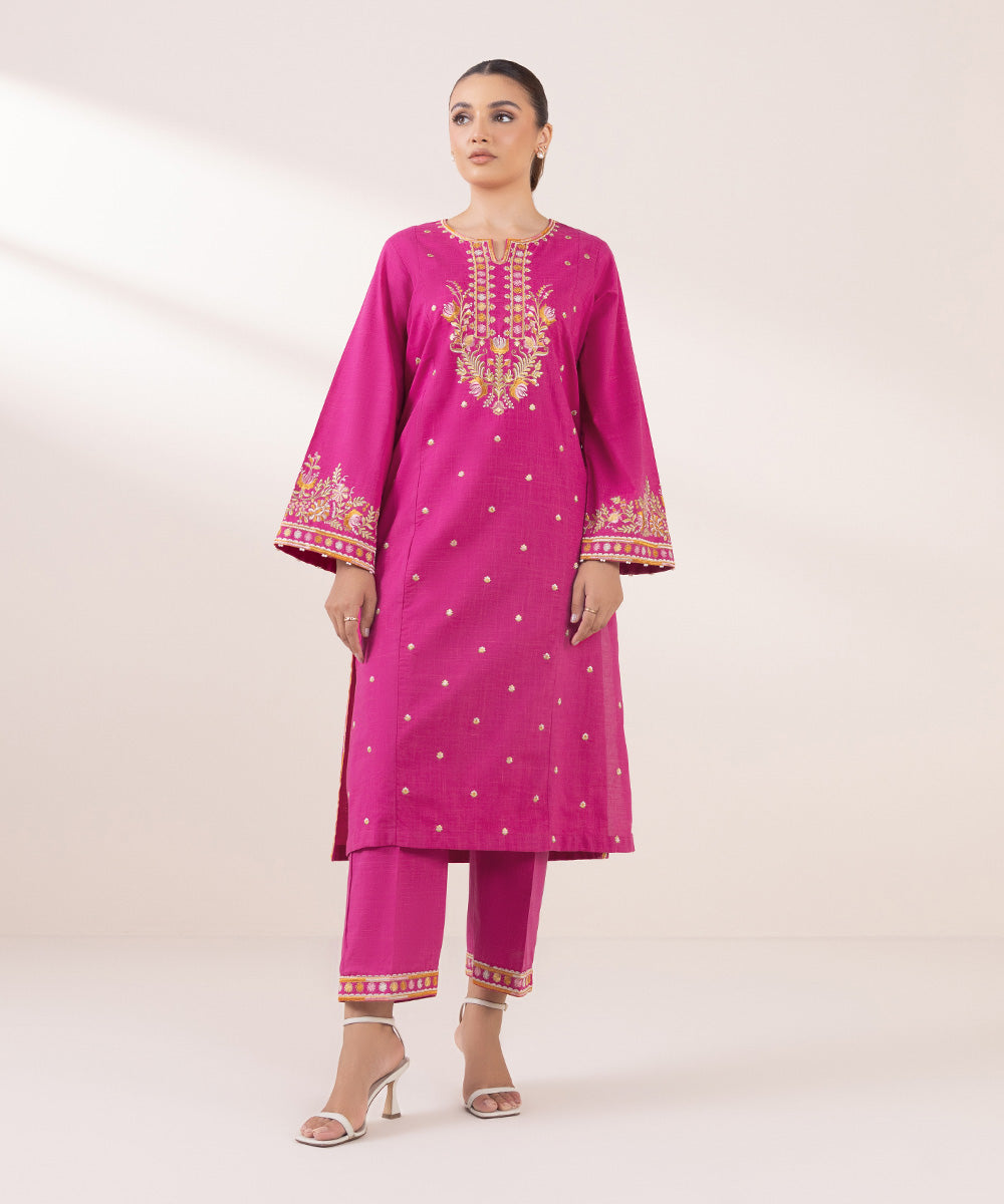 Women's Pret Textured Cotton Pink Embroidered A-Line Shirt