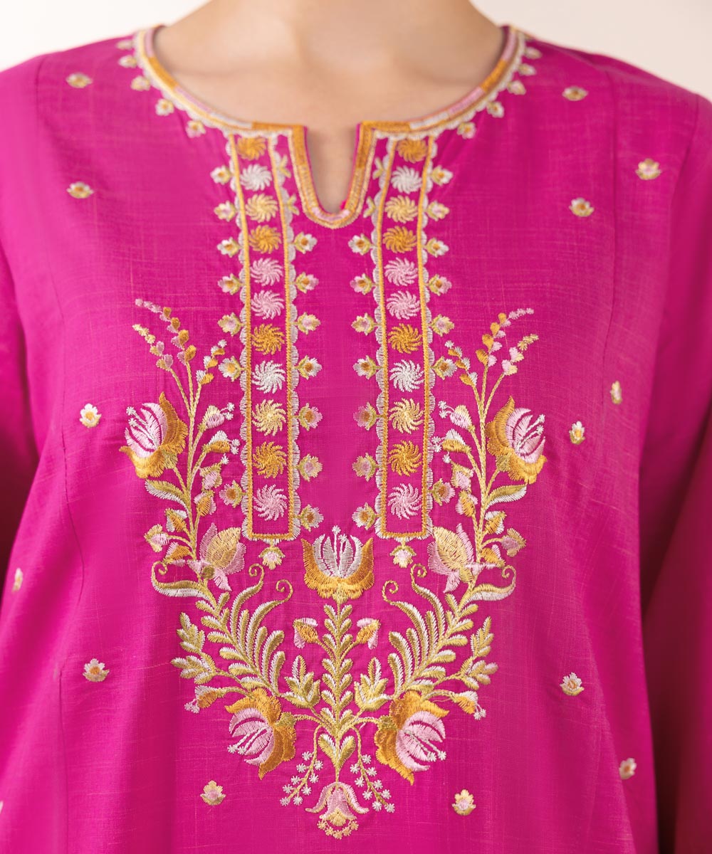 Women's Pret Textured Cotton Pink Embroidered A-Line Shirt