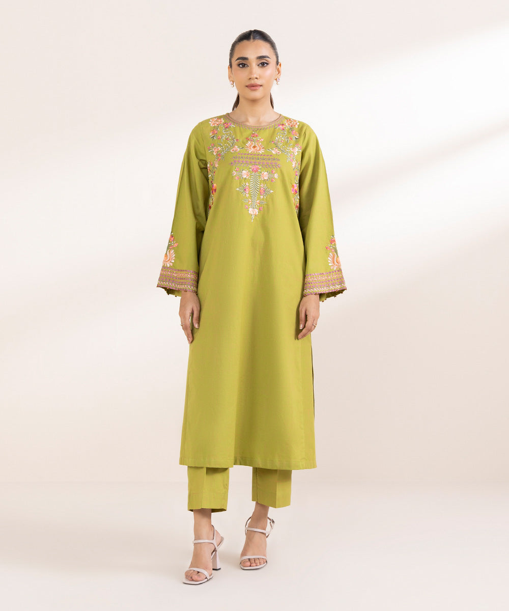 Women's Pret Textured Cotton Green Embroidered A-Line Shirt