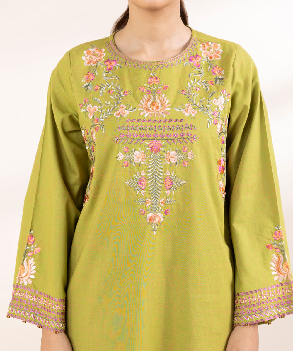 Women's Pret Textured Cotton Green Embroidered A-Line Shirt