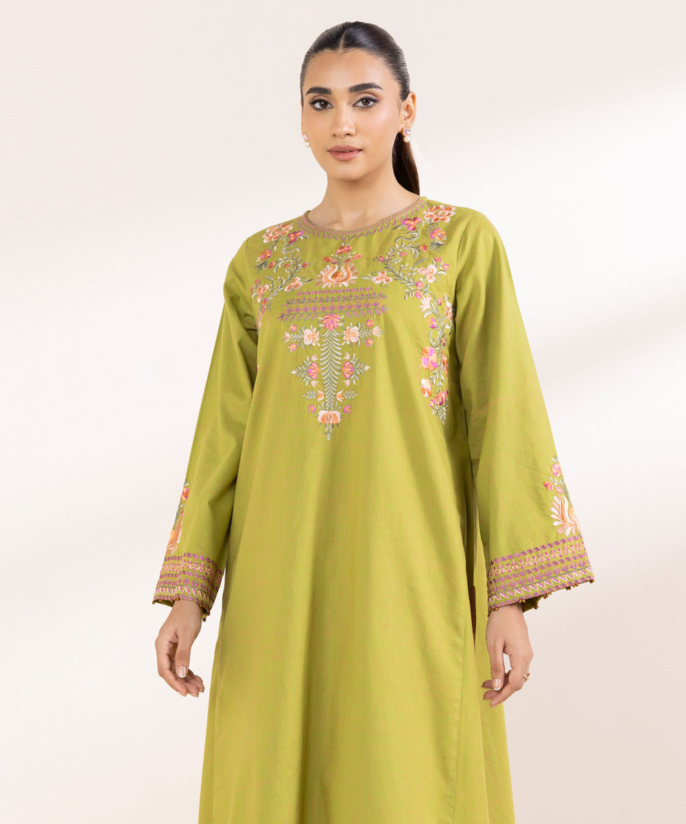 Women's Pret Textured Cotton Green Embroidered A-Line Shirt