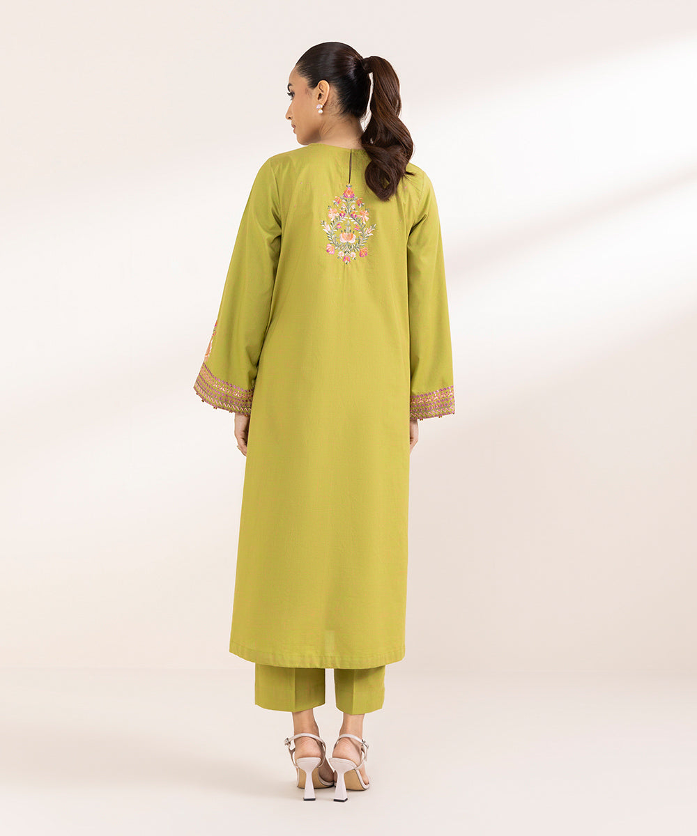 Women's Pret Textured Cotton Green Embroidered A-Line Shirt