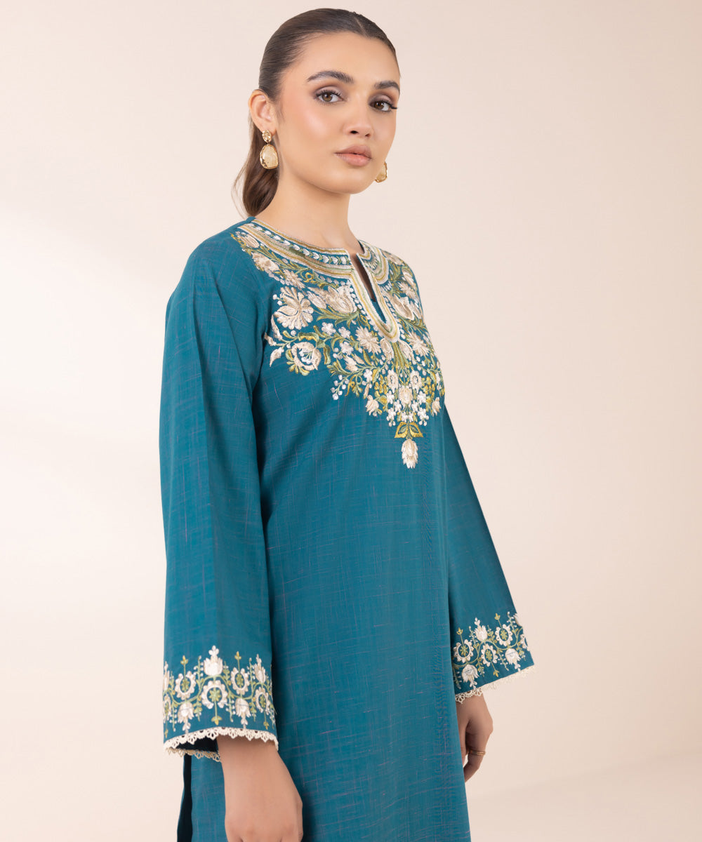 Women's Pret Textured Cotton Blue Embroidered A-Line Shirt