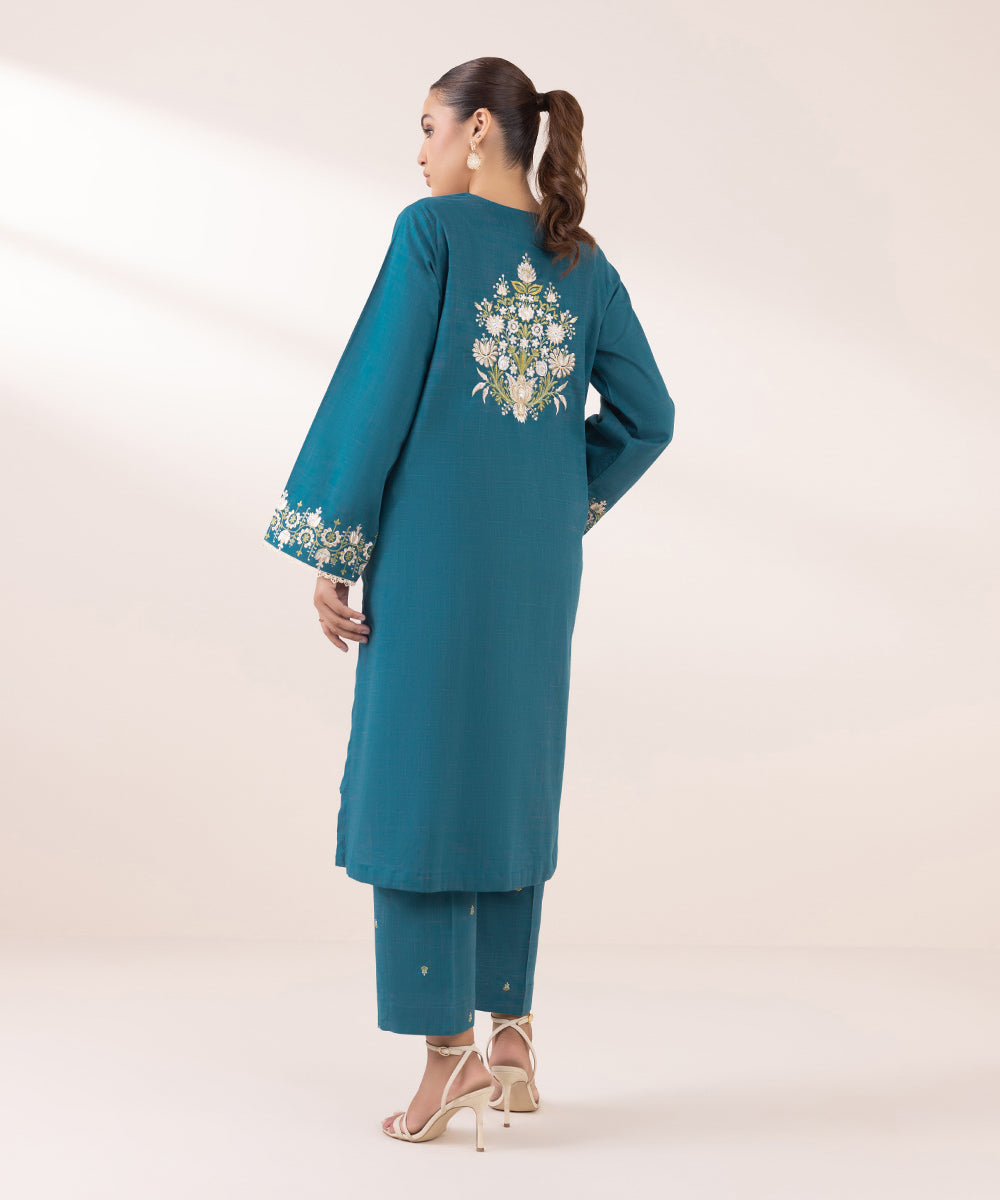 Women's Pret Textured Cotton Blue Embroidered A-Line Shirt