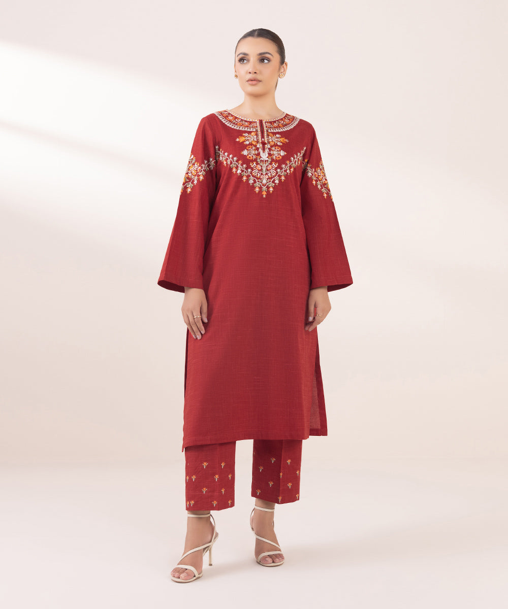 Women's Pret Textured Cotton Red Embroidered A-Line Shirt