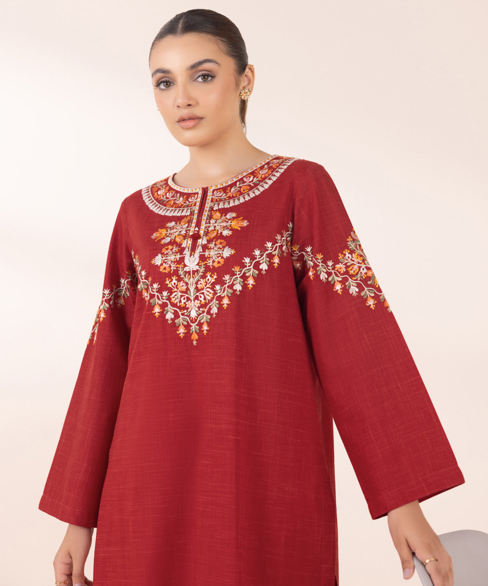 Women's Pret Textured Cotton Red Embroidered A-Line Shirt