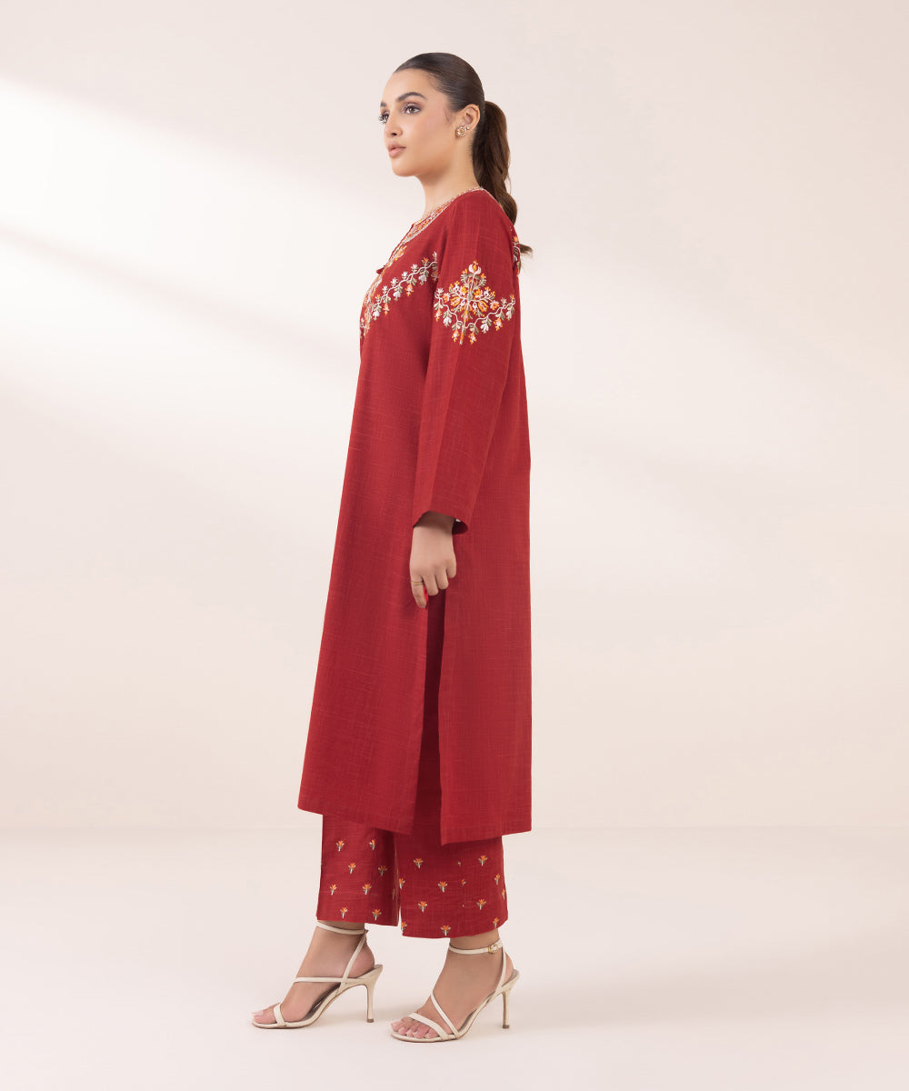 Women's Pret Textured Cotton Red Embroidered A-Line Shirt