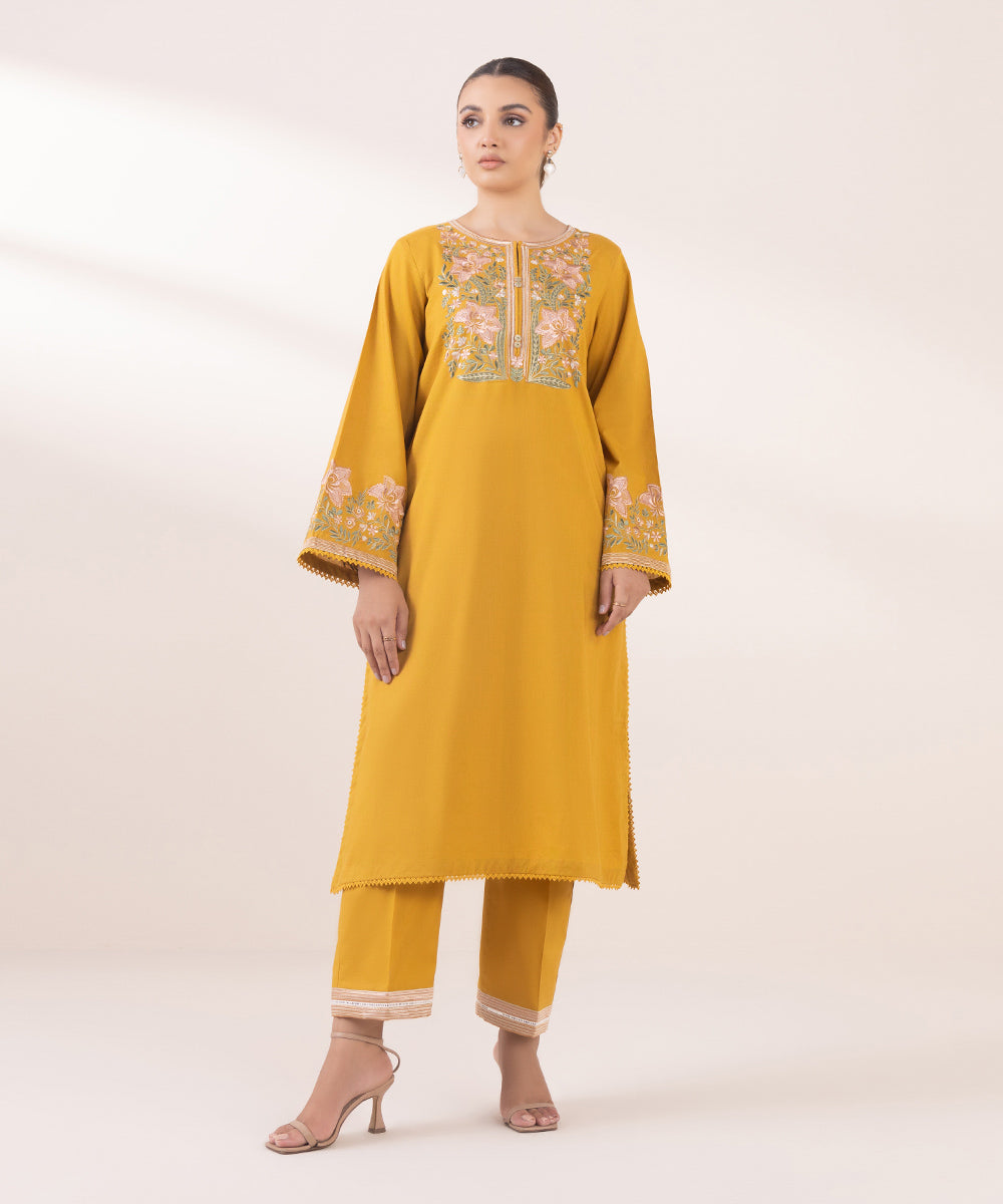 Women's Pret Textured Cotton Yellow Embroidered A-Line Shirt