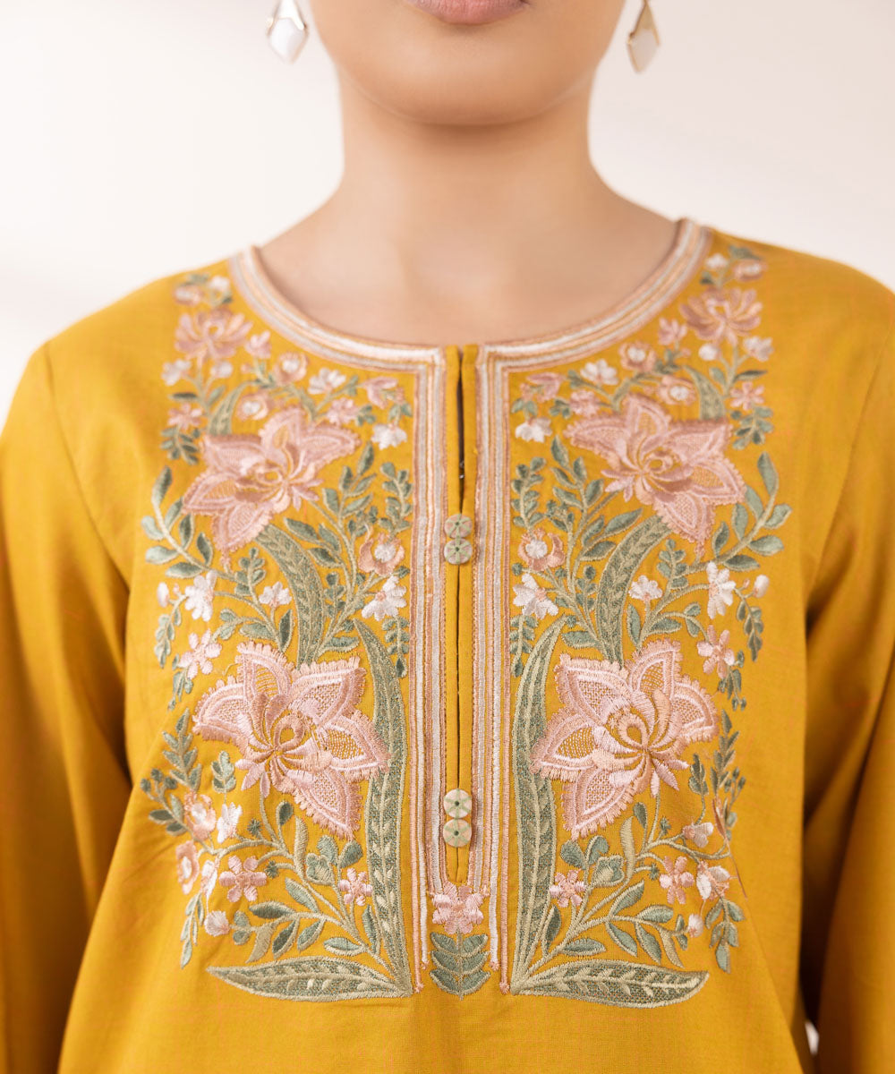 Women's Pret Textured Cotton Yellow Embroidered A-Line Shirt