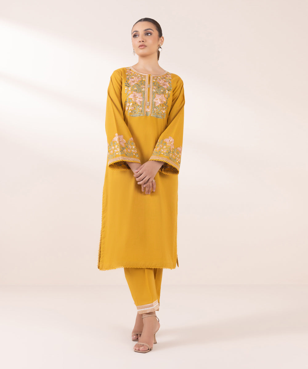 Women's Pret Textured Cotton Yellow Embroidered A-Line Shirt