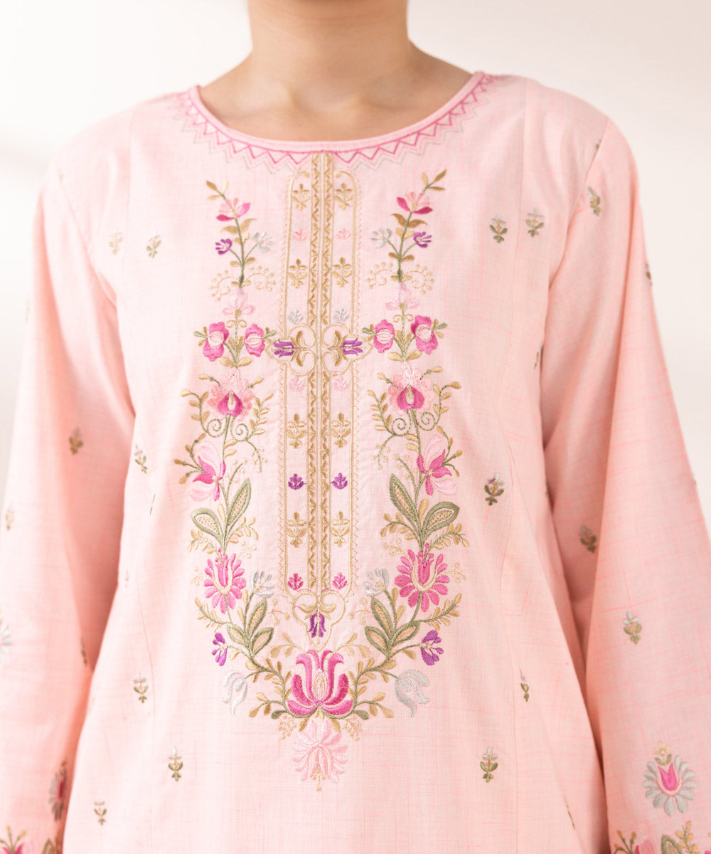 Women's Pret Textured Cotton Pink Embroidered A-Line Shirt