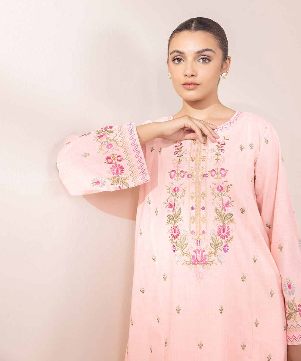 Women's Pret Textured Cotton Pink Embroidered A-Line Shirt