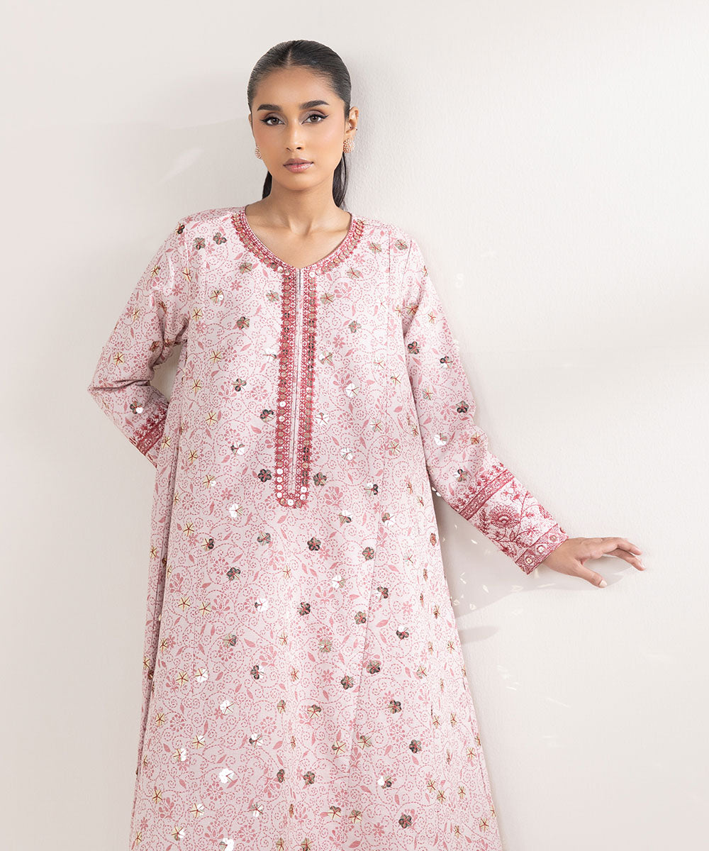 Women's Pret Extra Weft Jacquard Embroidered Pink A-Line Shirt