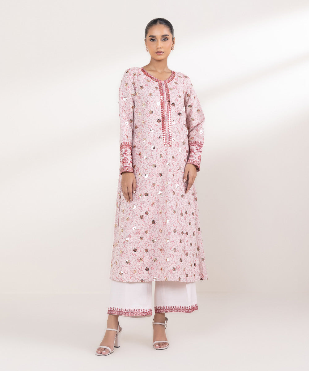 Women's Pret Extra Weft Jacquard Embroidered Pink A-Line Shirt