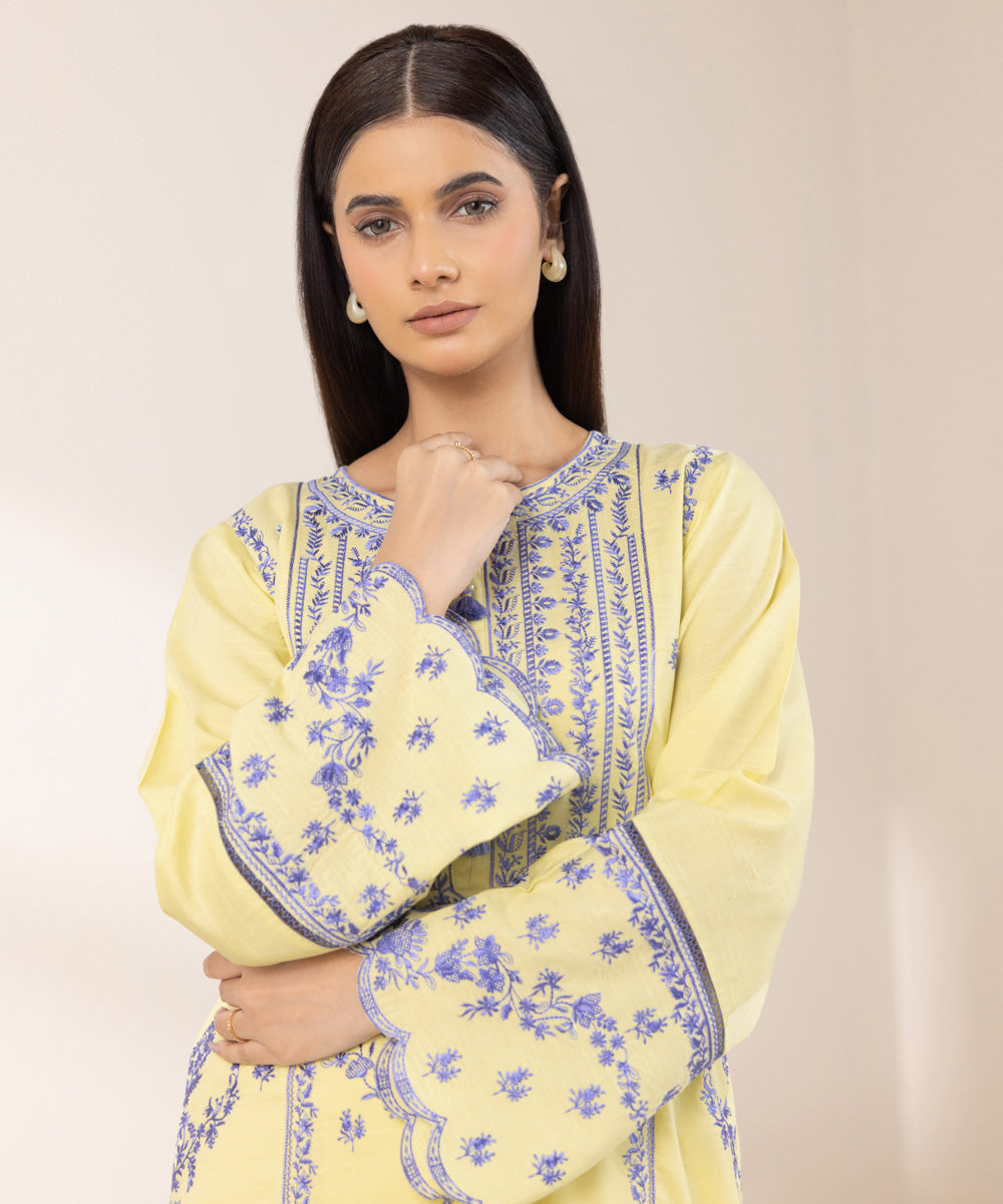 Women's Pret Dull Raw Silk Embroidered Yellow A-Line Shirt