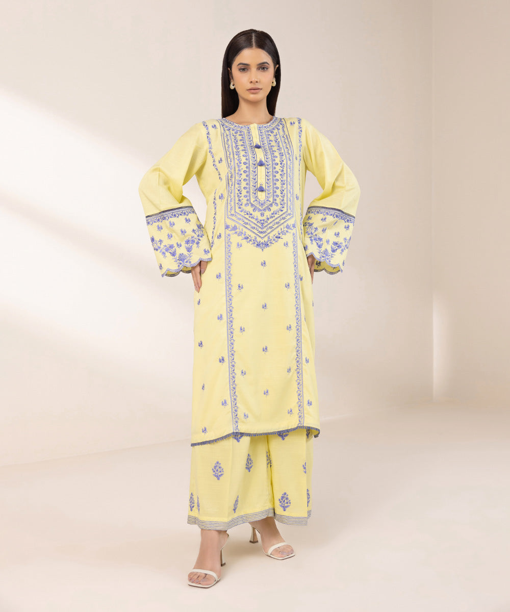 Women's Pret Dull Raw Silk Embroidered Yellow A-Line Shirt