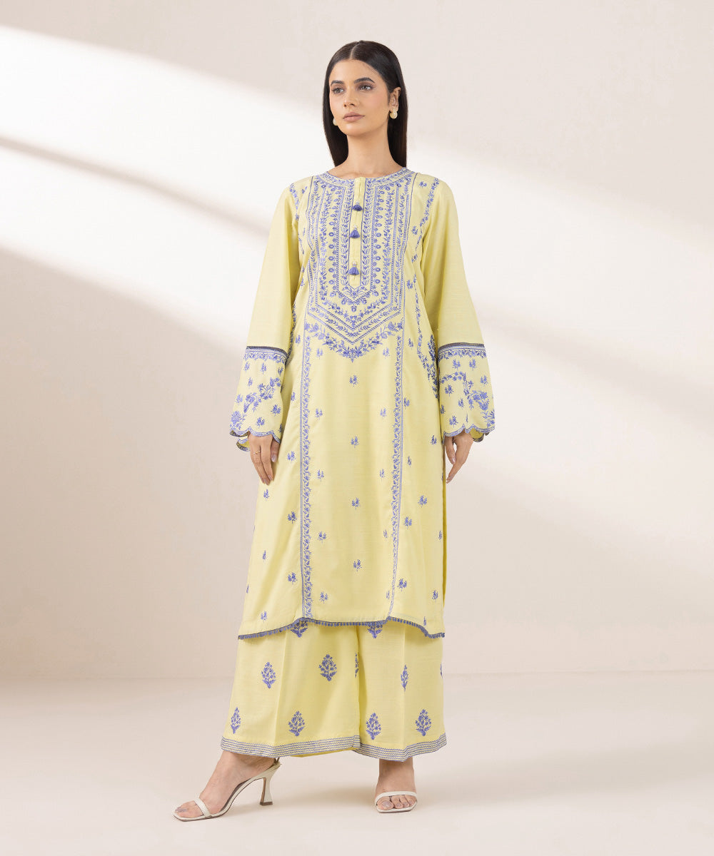 Women's Pret Dull Raw Silk Embroidered Yellow A-Line Shirt